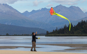 Man flying a Mantis single-line kite in Alaska