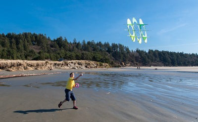 Child flying EO6 box kite on the beach