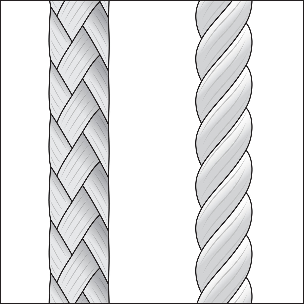 Close-up comparison of braided line on the left and twisted line on the right
