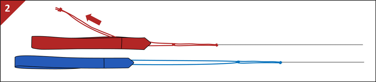 Pull the longer line's adjustment knot out from inside the wrist strap.