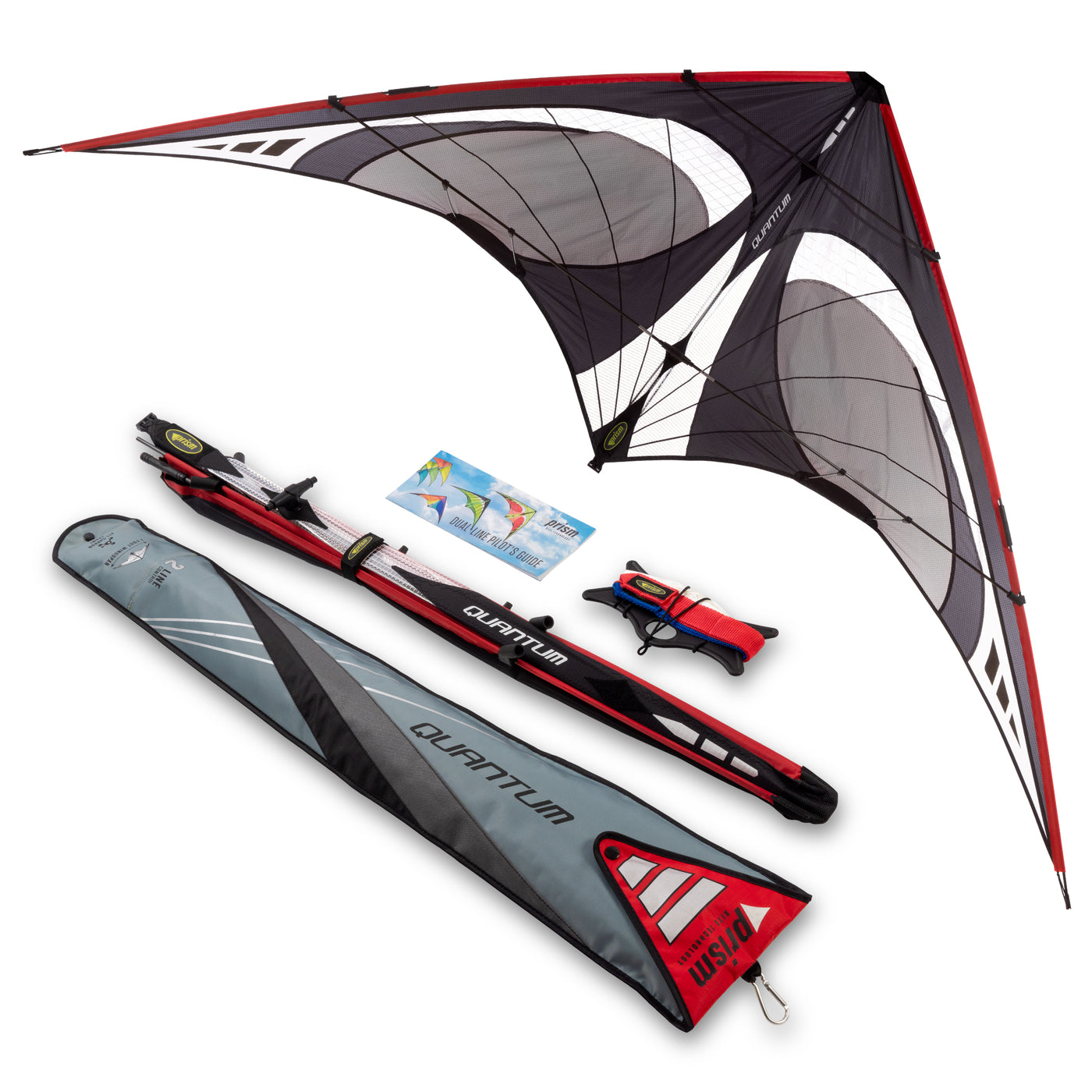 A nighthawk Quantum 2.0 in red, gray, and black on a white background with flying lines, instructions, and bag