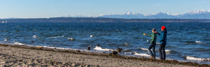 Two people flying single-line kites on a rocky beach