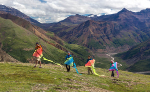 Four people hike with kites in Alaska