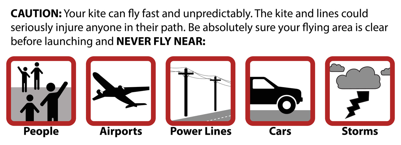 Safety warning: never fly near people, airports, power lines, cars, or storms