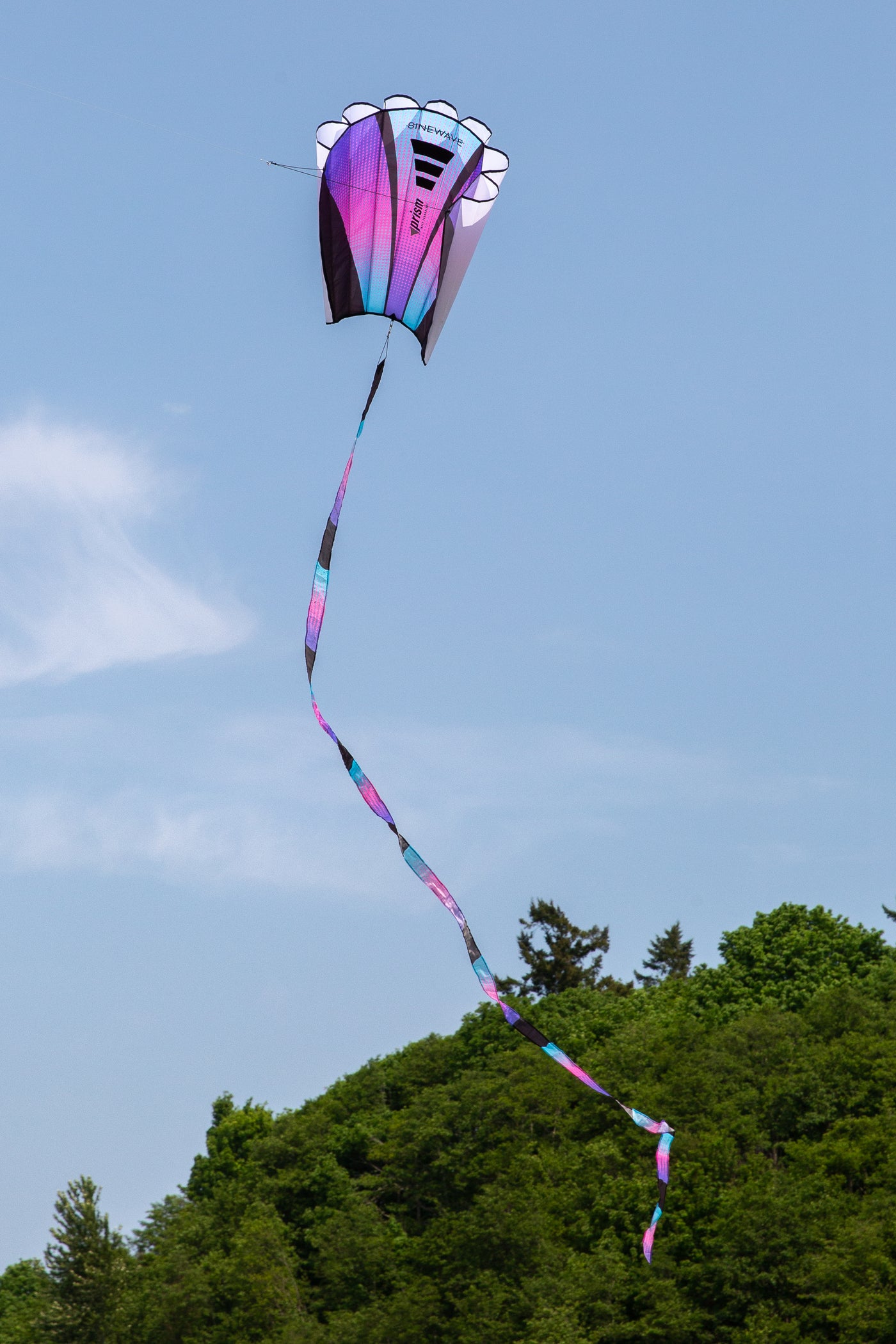 The Ultraviolet Sinewave (blue, pink and purple) in flight with blue sky and trees in the background. 