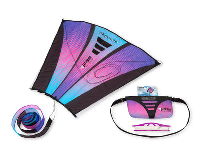 The Ultraviolet colorway (blue pink and purple) laid out with its accessories (waist pouch, flying line, and detachable tail)