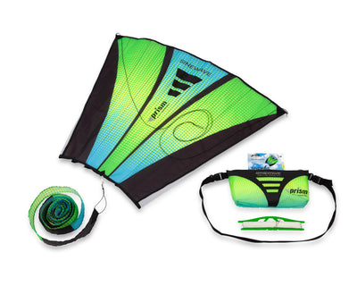 The Aurora colorway (blue, yellow, and green) laid out with its accessories (waist pouch, flying line, and detachable tail)