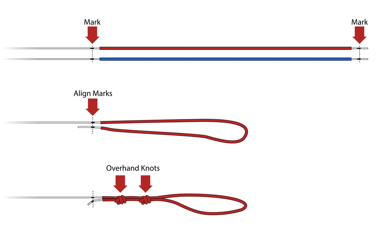 Sleeved line repair: mark the lines, align the marks, and tie overhand knots