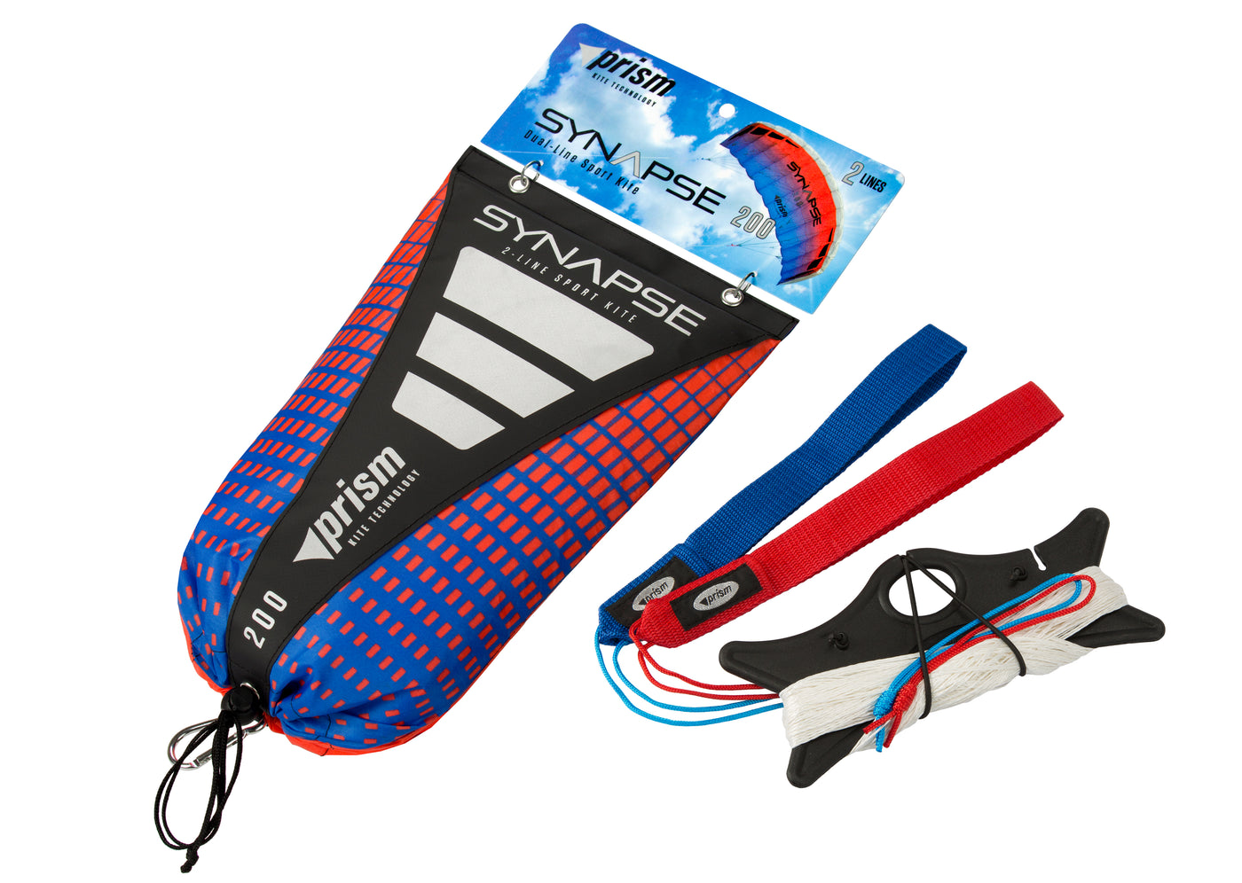 A red and blue Synapse 200 bag with dual-line flying lines against a white background.