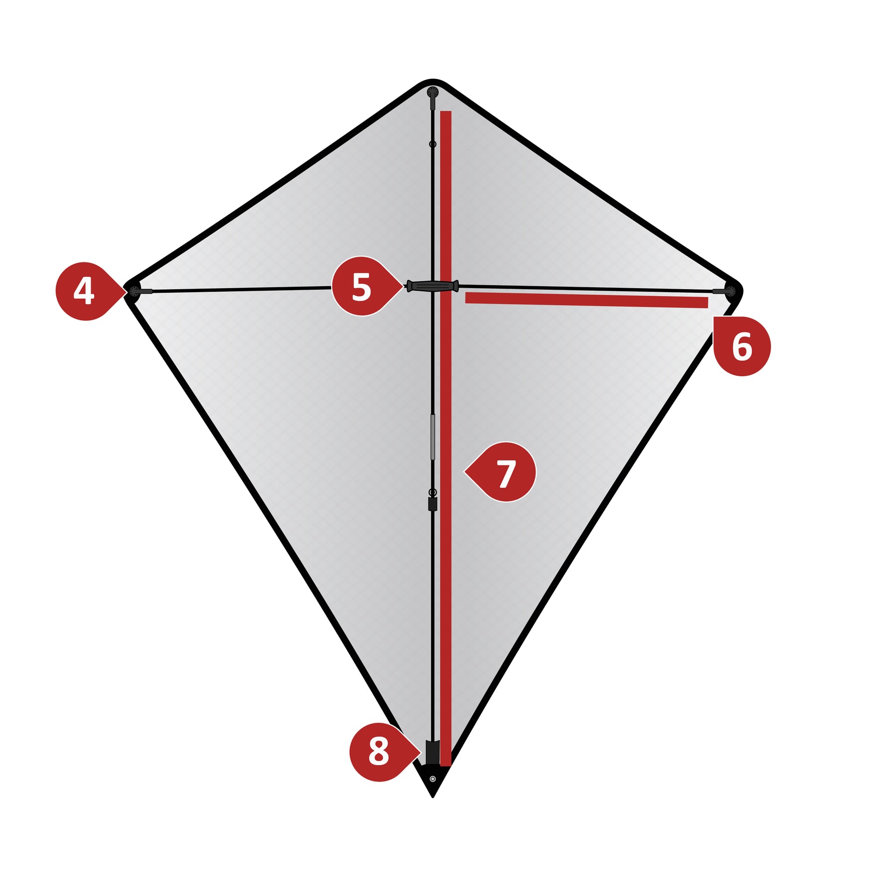 Back of the Vertex Diamond: wingtip fitting, center-T fitting, spreader rod, spine assembly, and velcro spine tensioner