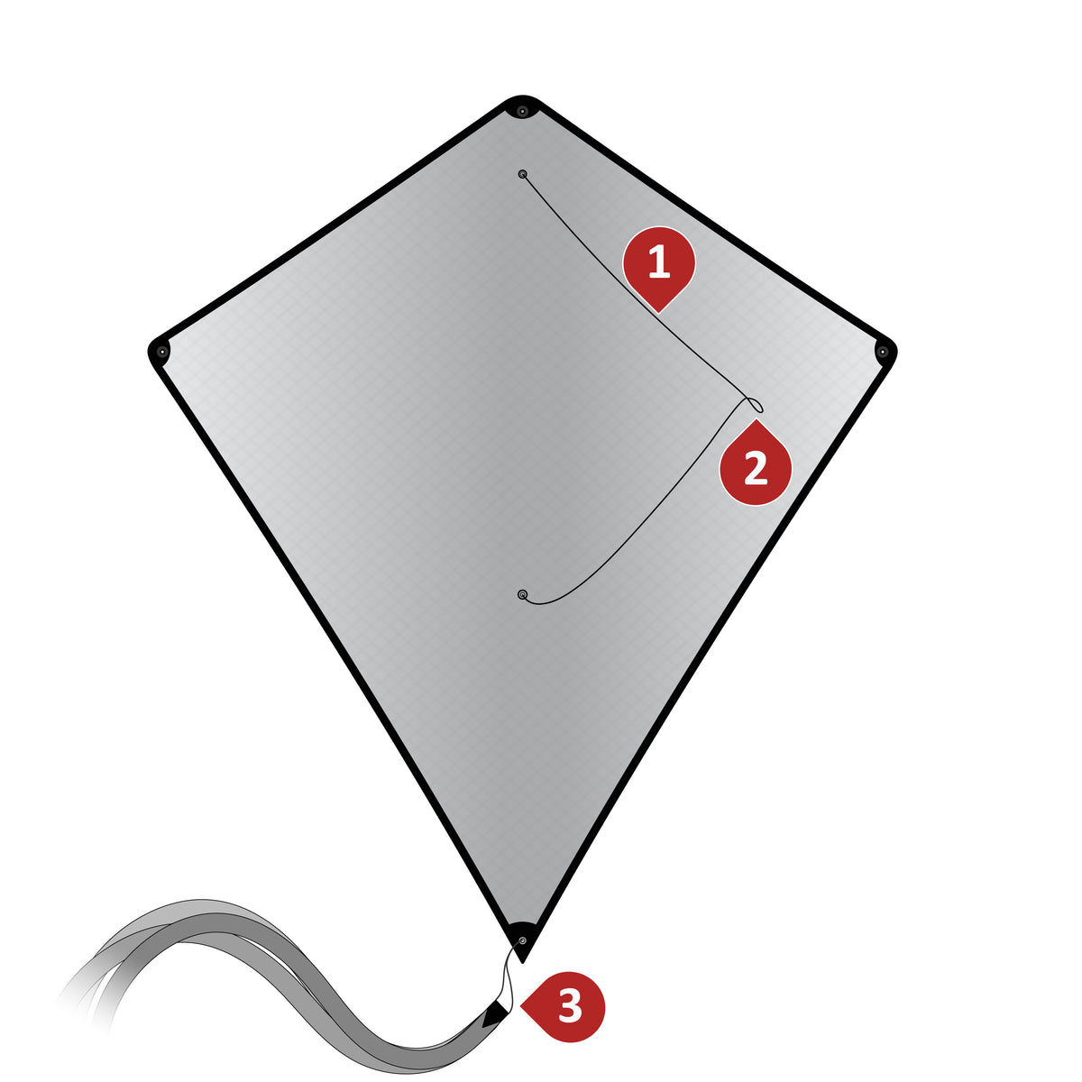 Front of the Vertex Diamond: bridle, line attachment point, and triple ribbon tail