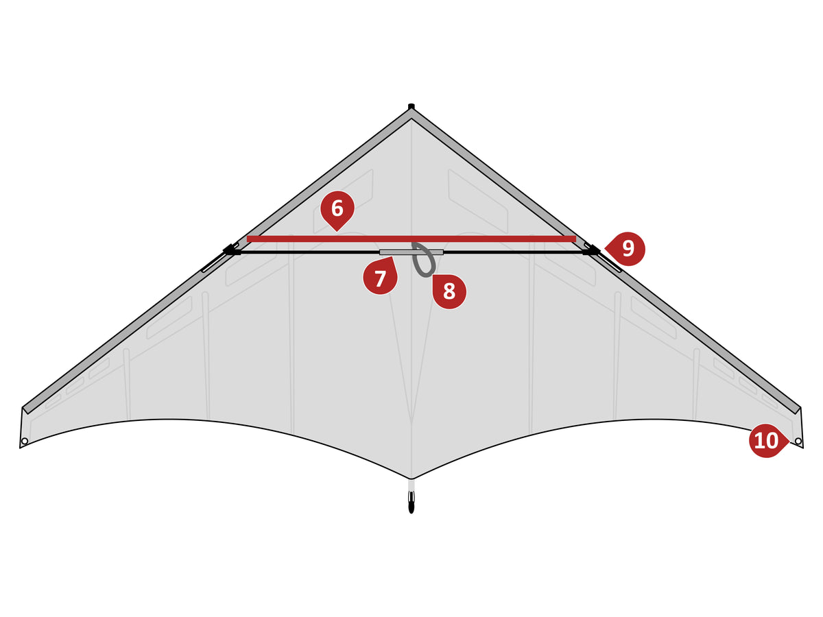 Back of the Zenith Delta: spreader rod, spreader ferrule, spreader loop, leading edge fitting, and snap-on tail attachment point