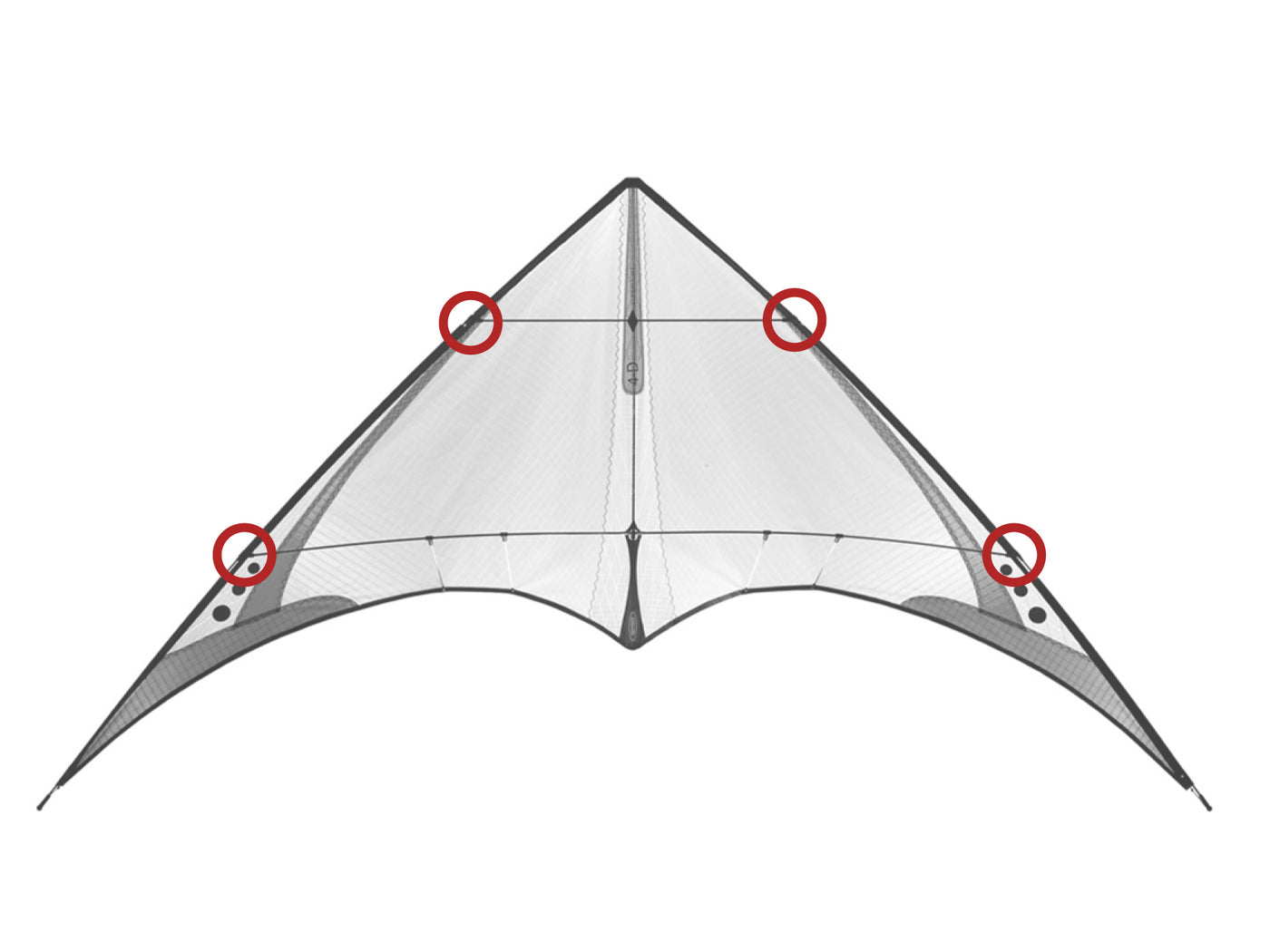 Diagram showing location of the 4-D Leading Edge Fittings (set of 4) on the kite.