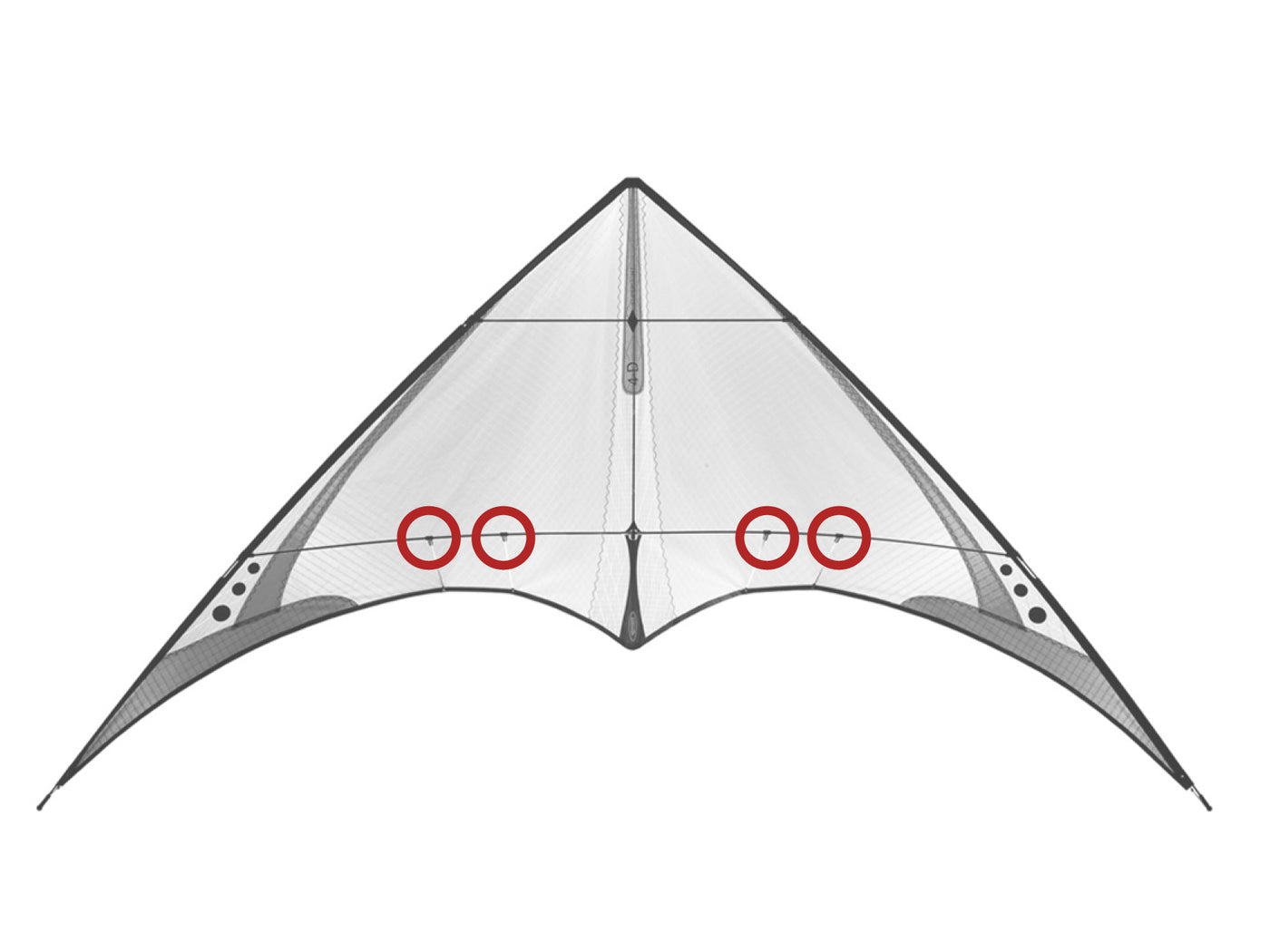 Diagram showing location of the 4-D Standoff Retainer Fittings (set of 4) on the kite.
