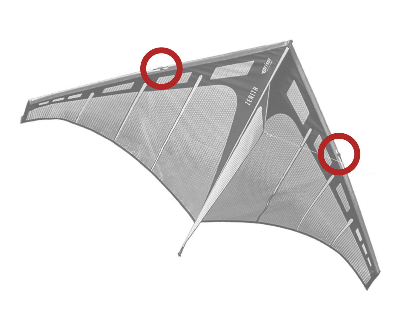 Diagram showing location of the Zenith 5 / Stowaway Delta Leading Edge Fittings on the kite.