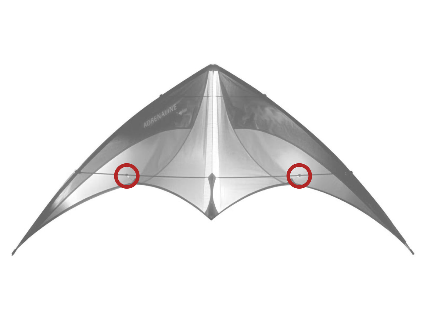 Diagram showing location of the Adrenaline Standoff Fittings on the kite.