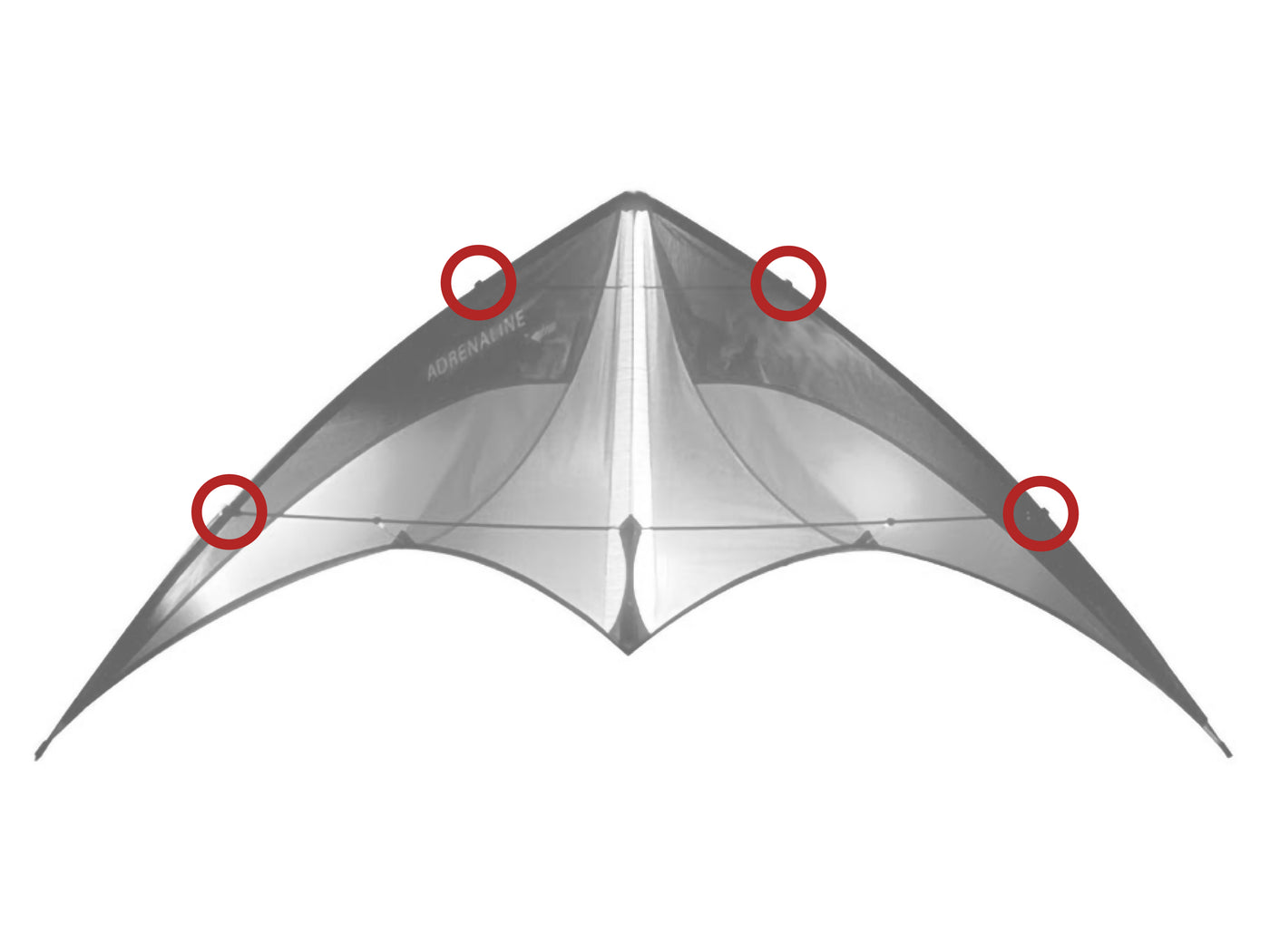 Diagram showing location of the Adrenaline Leading Edge Fittings on the kite.